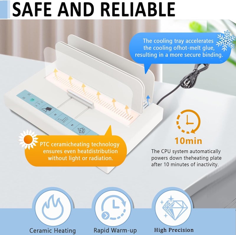 Hoqqf Thermal Binding Machine 500 Sheets Capacity Book Binding Material 110V Binding Machine A3(Short Edge)/A4/A5 Document Heat Binder with 10Pcs Covers (White) - Image 3